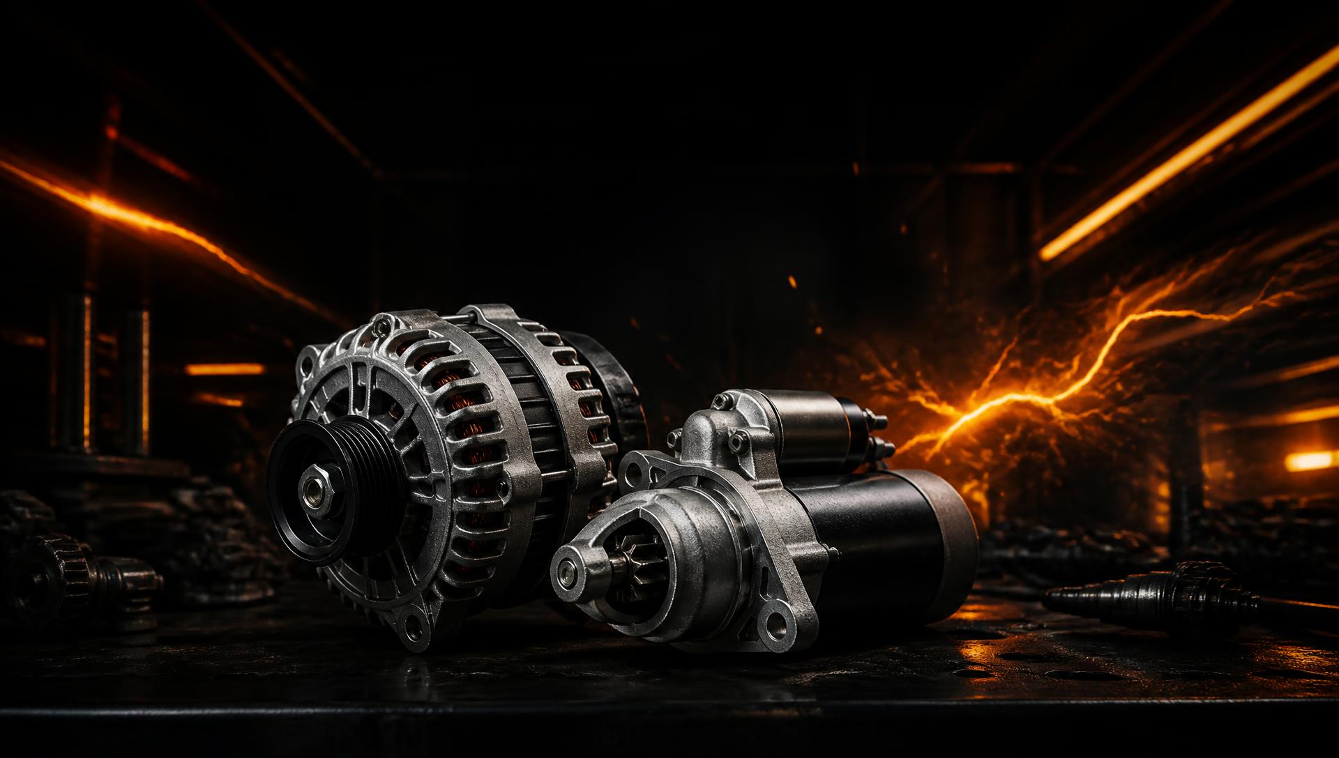Alternador e motor de partida em oficina de elétrica automotiva
